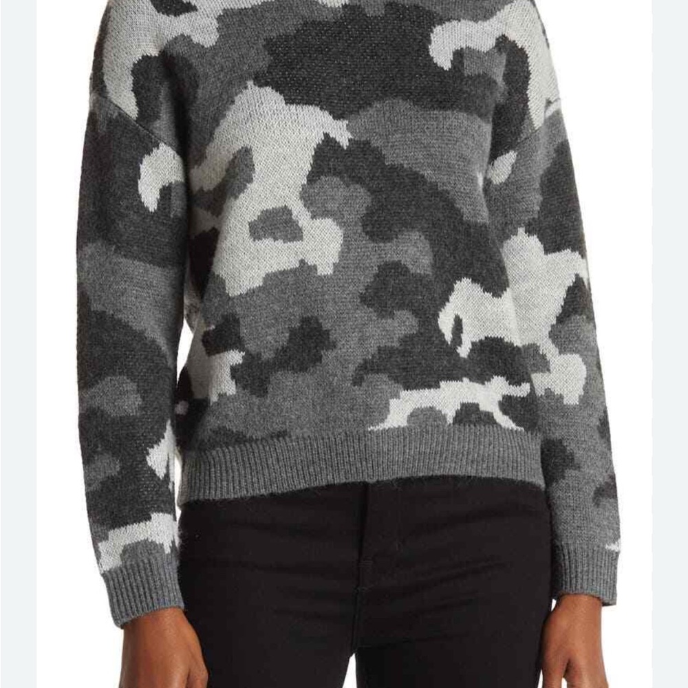 Lucky Brand Cozy Black Gray Camo Sweater Crew Neck Wool Blend Size Medium
